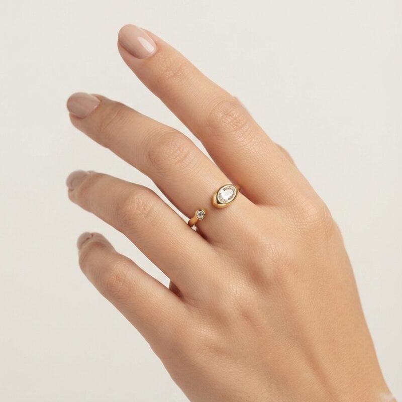 Anel regulável oval ponta cravejado banhado ouro 18k premium atacado