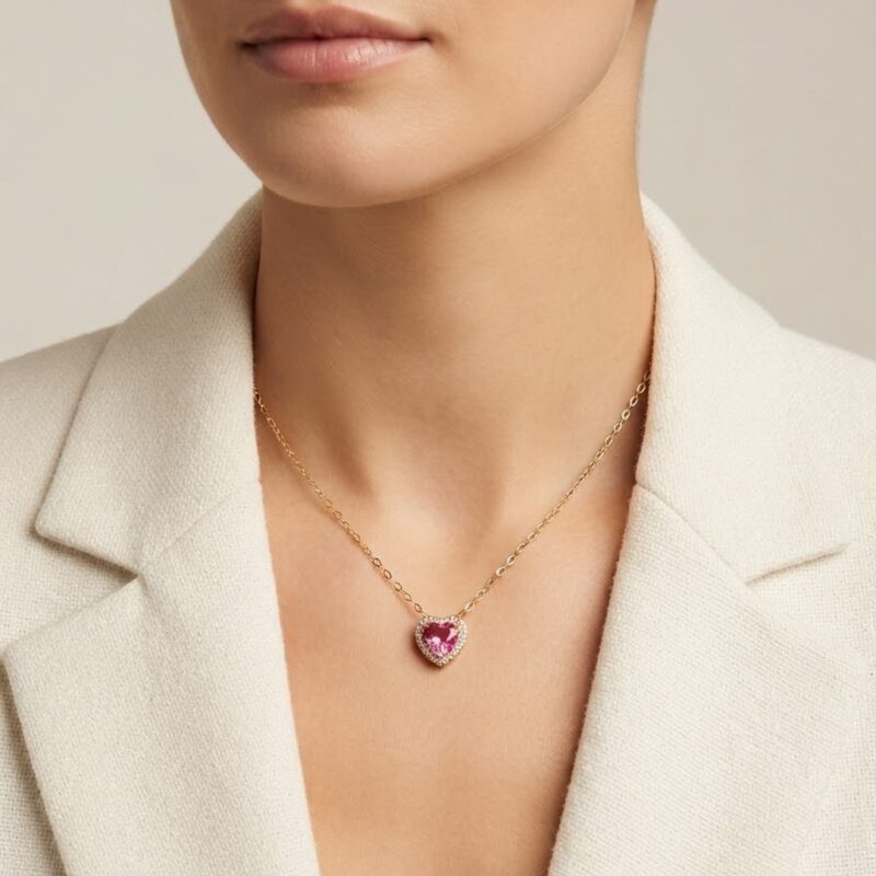 Conjunto coração microcravejado banhado em ouro 18k atacado - brinco e colar premium