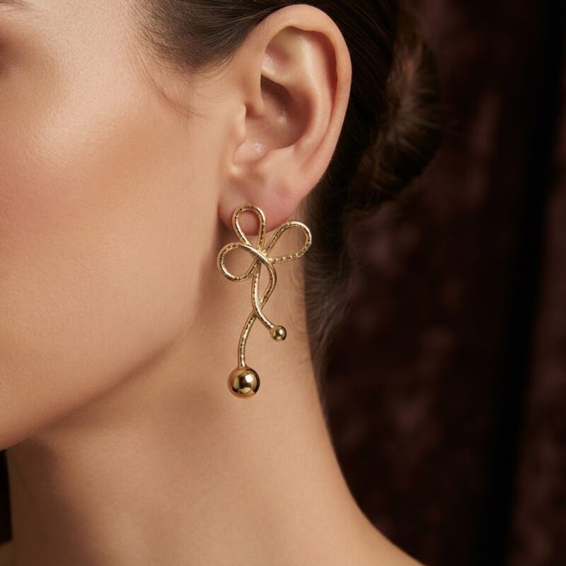 Brinco laço longo ponta esfera minimalista banhado ouro 18k premium atacado