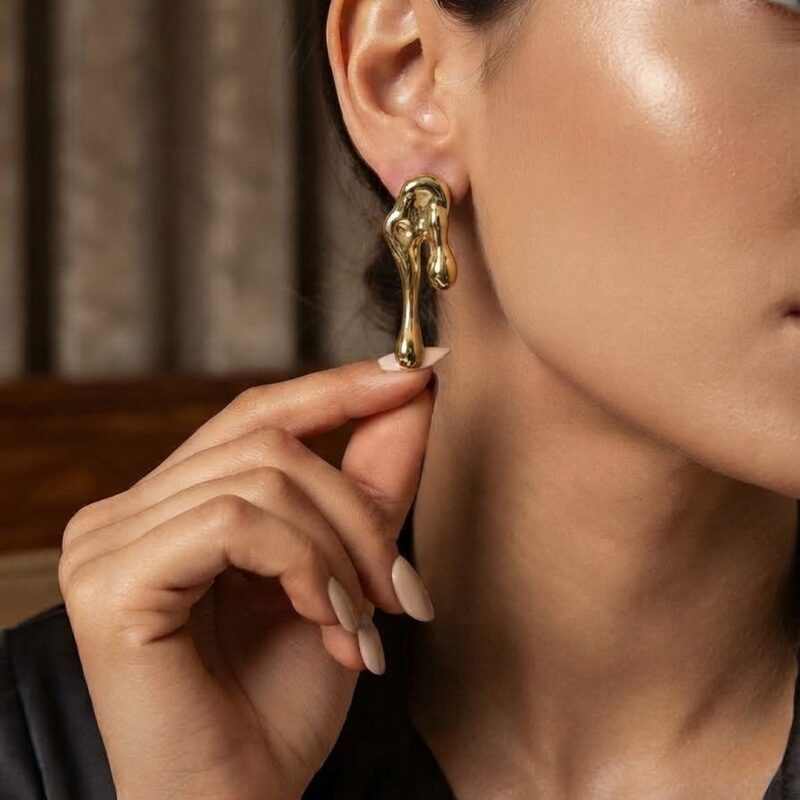 Brinco orgânico derretido banhado ouro 18k premium atacado