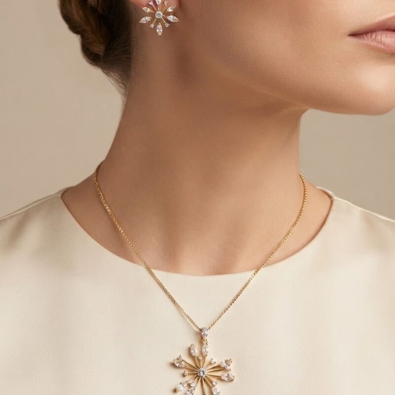 Conjunto Floco de Neve Minimalista Cravejado Banhado em Ouro 18k