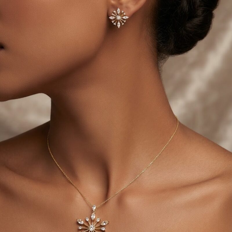 Conjunto floco de neve cravejado banhado ouro 18k premium atacado