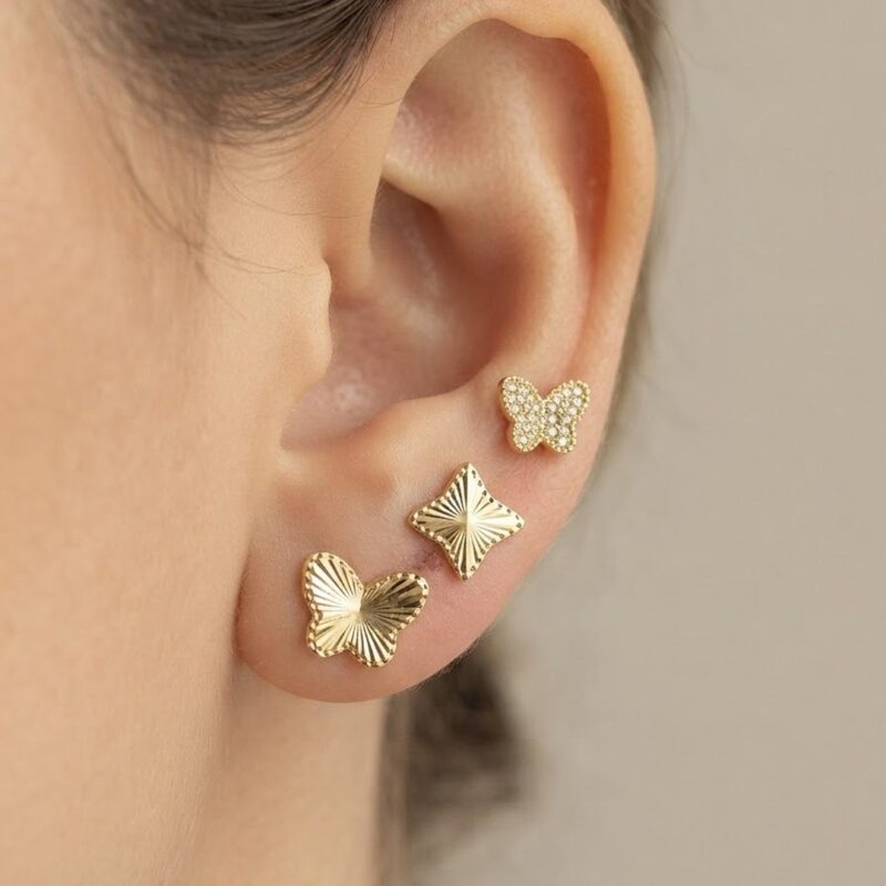 Brinco trio borboletas hexagonal banhado ouro 18k premium atacado