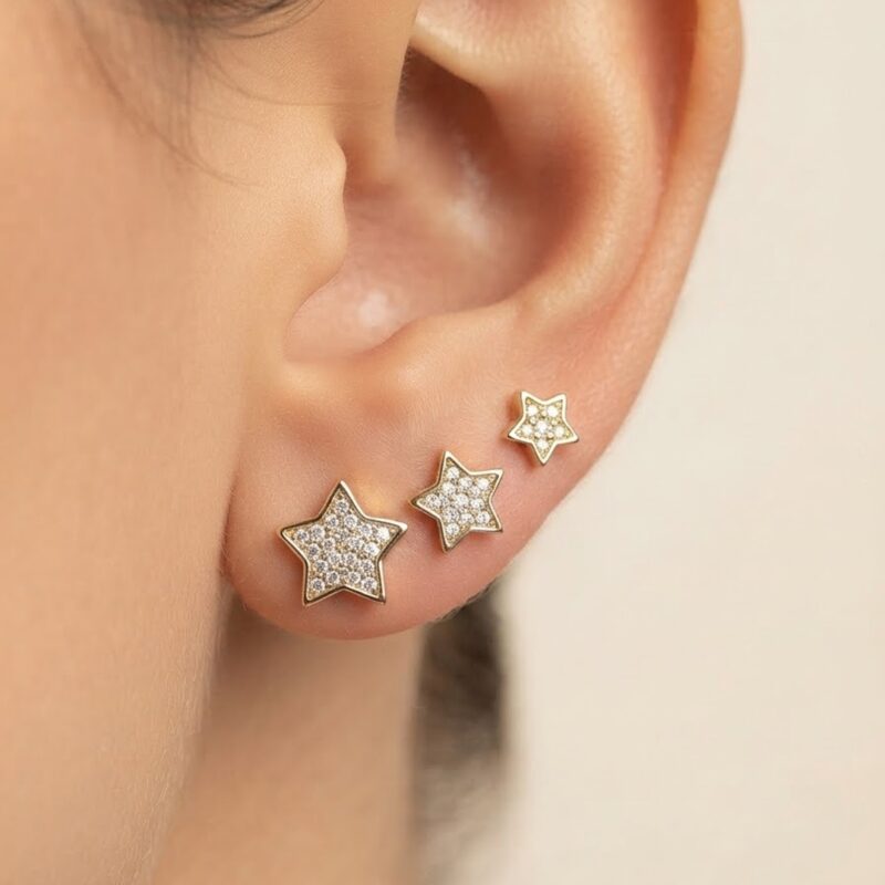 Brinco trio estrela cravejado banhado ouro 18k