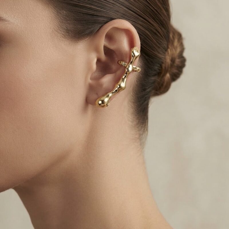 Brinco earcuff orgânico bambu banhado ouro 18k premium atacado