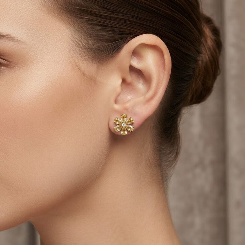 Brinco flor cravejado banhado ouro 18k premium atacado