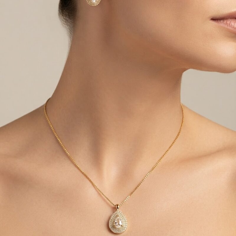 Conjunto gota trabalhado microcravejado banhado ouro 18k premium atacado