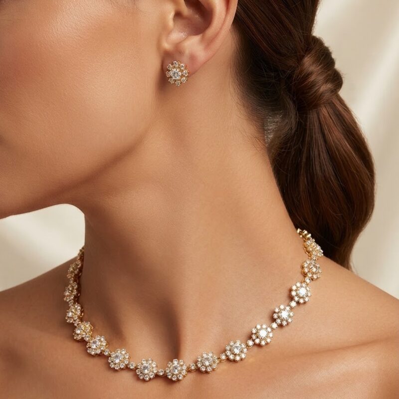 Conjunto Riviera florzinhas cravejado banhado em ouro 18k premium atacado
