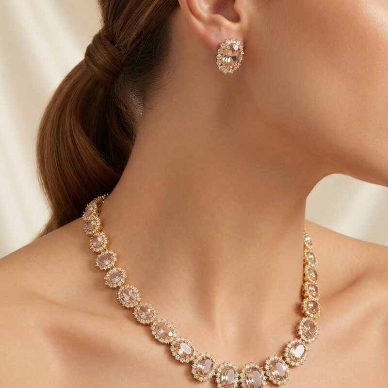 Conjunto Riviera Oval Trabalhado Cravejado banhado ouro 18k premium atacado