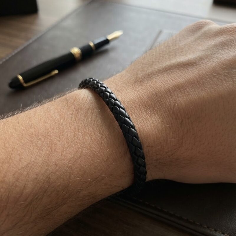 Pulseira courino escama preto aço premium atacado