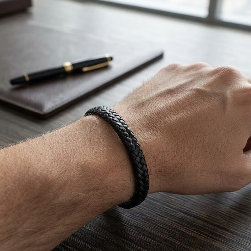 Pulseira courino escama largo preto em aço inoxidável
