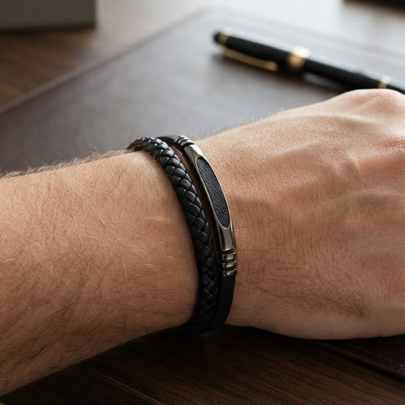 Pulseira courino duplo escama fita aço premium atacado
