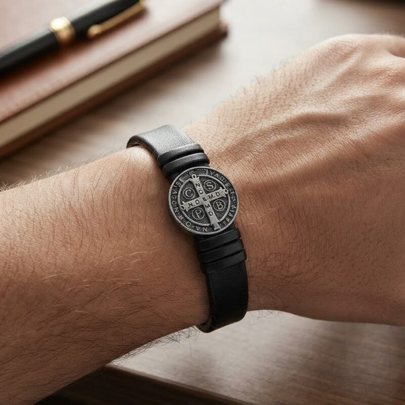 Pulseira courino São Bento todo negro em aço premium atacado