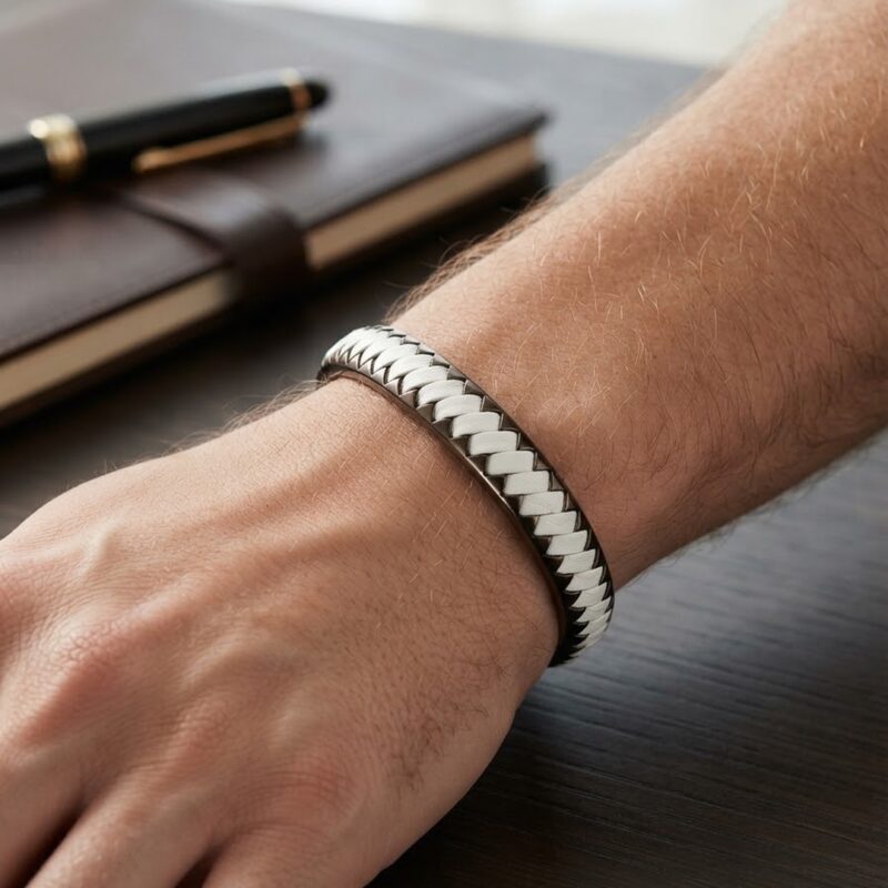 Pulseira courino trançada marrom e branco aço inoxidável premium