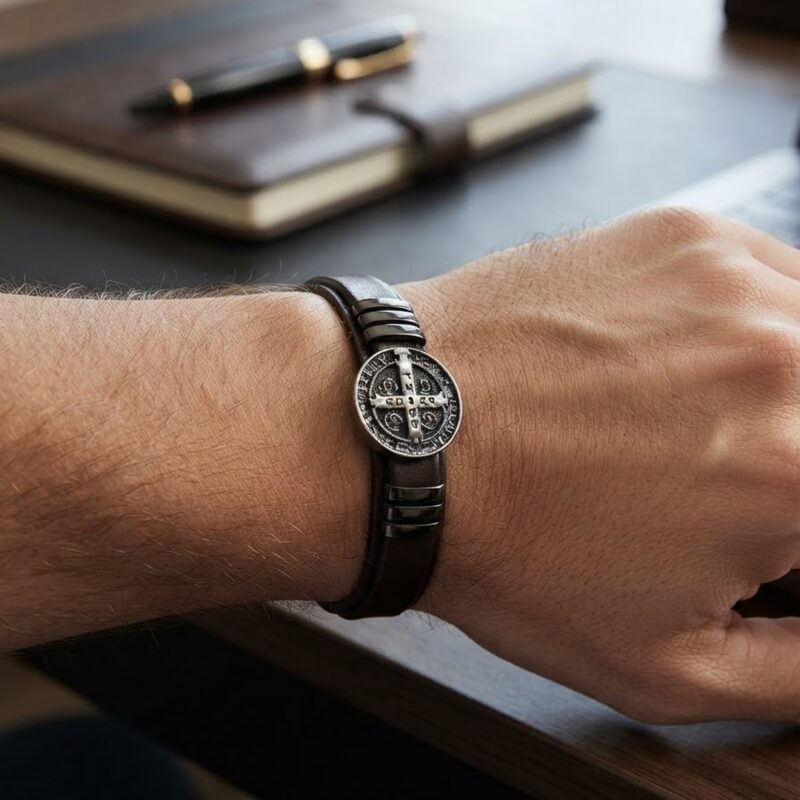 Pulseira courino São Bento em aço inoxidável premium atacado