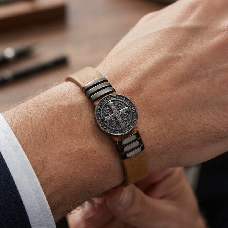 Pulseira courino marrom claro com medalha São Bento em aço premium atacado