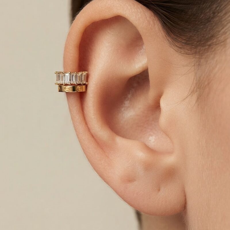 Piercing duplo C cravejado banhado ouro 18k premium atacado