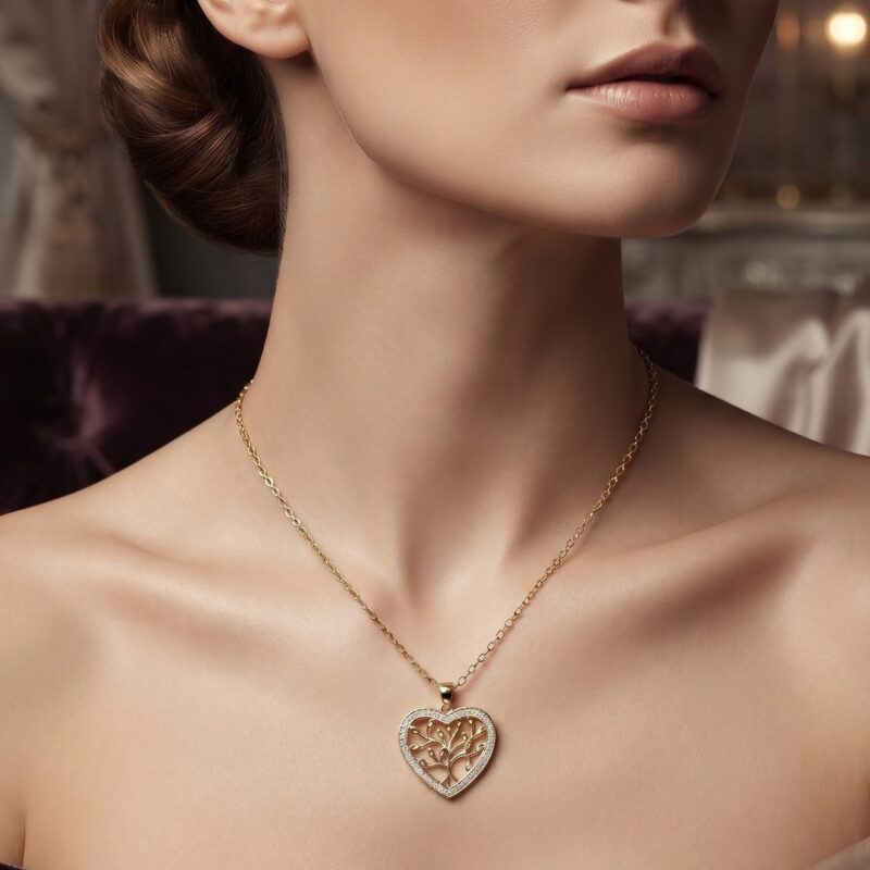 Colar banhado ouro 18k com coração e árvore da vida cravejado, corrente extensível premium