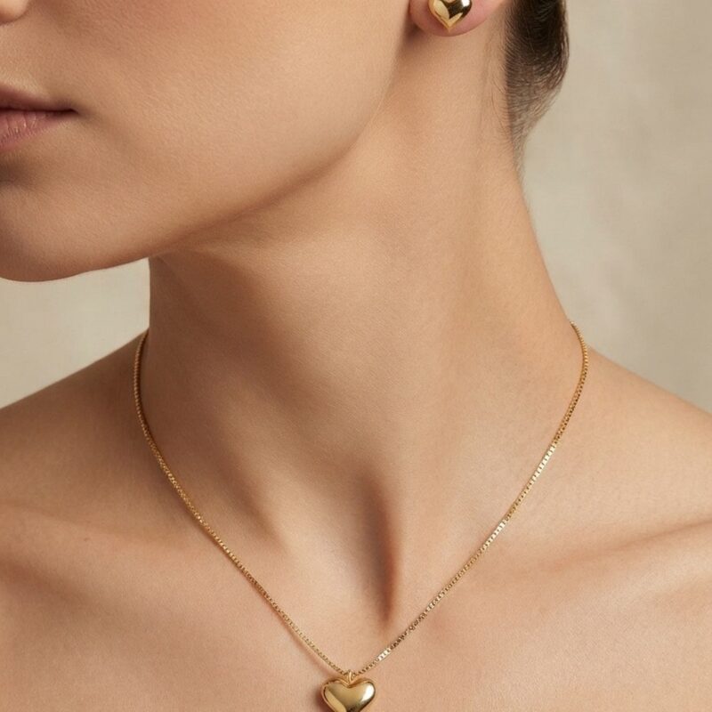Conjunto Coração Liso Banhado em Ouro 18k