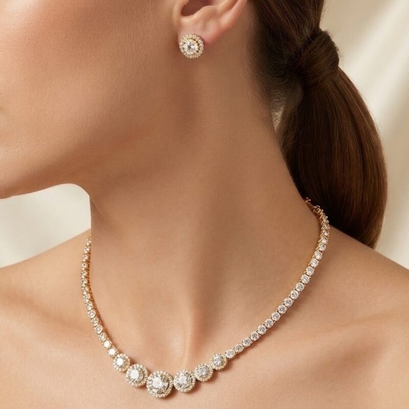 Conjunto colar e brinco esfera microcravejada banhado ouro 18k premium atacado